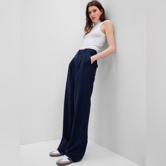 NWT! GAP Uniform Navy High Rise Linen-Cotton Pleated Wide Leg Pants 🔹 - Picture 3 of 10